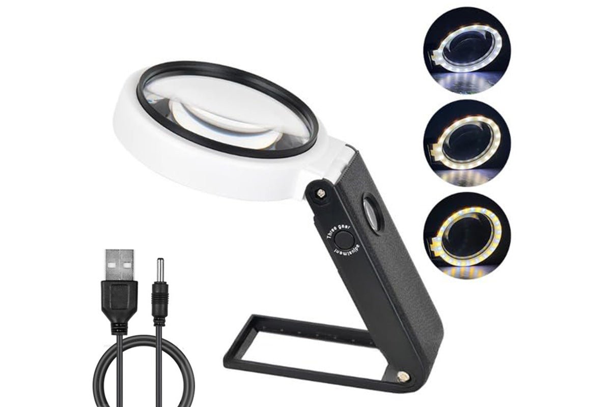 10X 25X Illuminated Folding Magnifier with Cool Warm Light Hands-Free Reading Inspection Tool