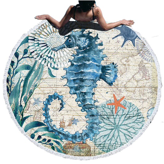 150CM Microfiber Round Beach Towel With Tassels - Undersea World -Seahorse