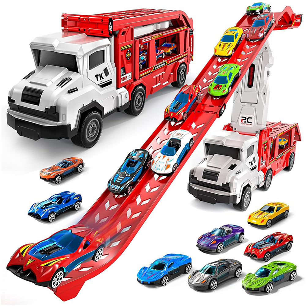 Large Dual Track Transporter Truck Toy Set with 6 Alloy Racing Cars