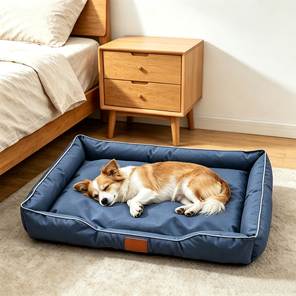 Square Raised Edge Oxford Fabric Sofa Pet Bed for Cats and Dogs-Navy