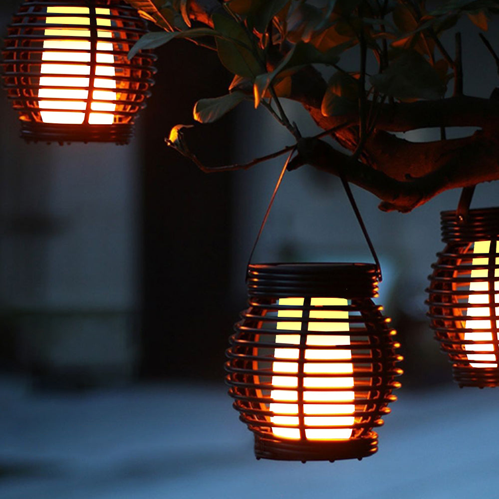 Portable Simulated Rattan Flame Round Solar Lantern Lamp