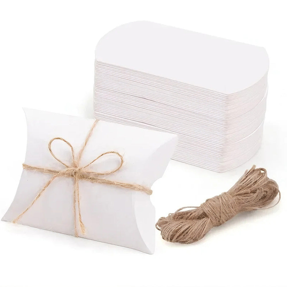 50 Pack Kraft Paper Pillow Gift Boxes with Ribbons for Weddings and Parties