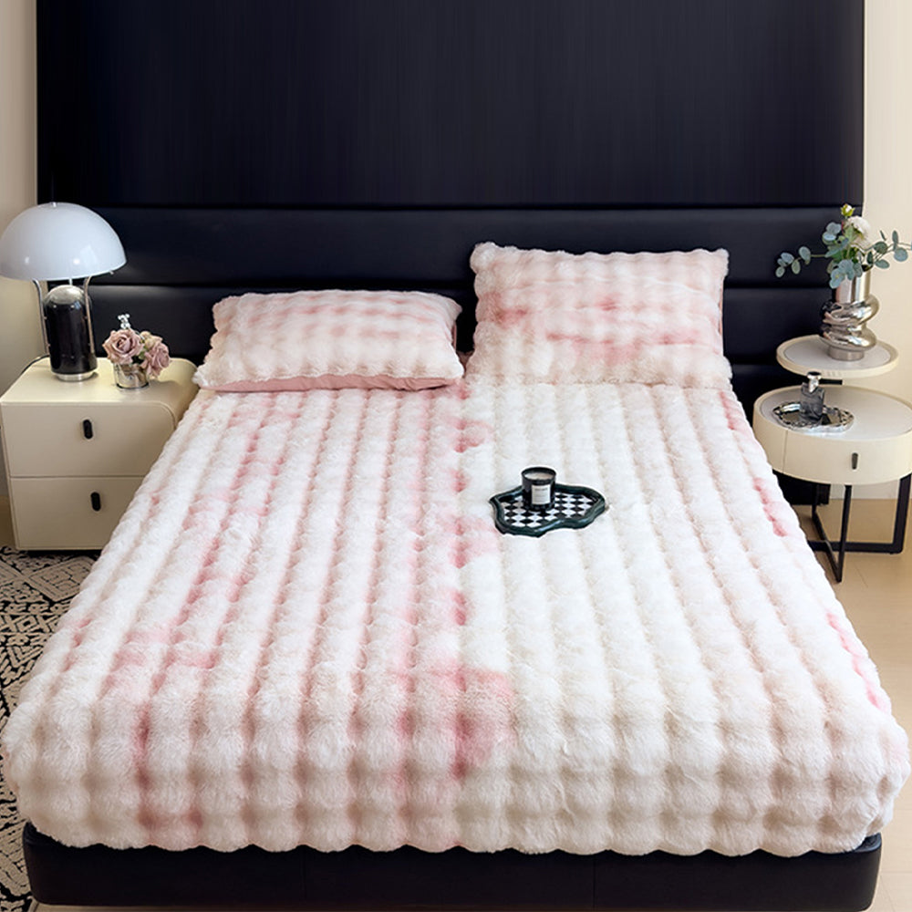 Faux Fur Fitted Sheet with Pillowcases-Pink