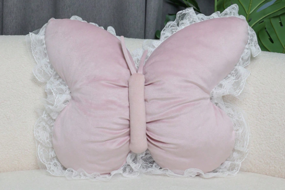 Butterfly Shape Throw Pillow with Lace Ruffle Trim Decorative Cushion Home Decor Cushion Butterfly Velvet Throw Pillow