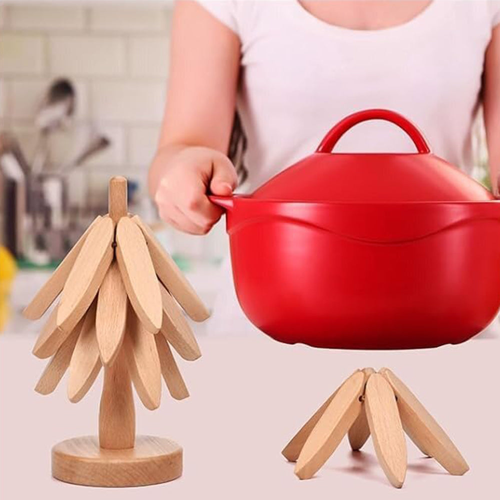 4Pcs Tree Art Design Coasters With A Stand Wooden Tree Shape Trivet Set for Hot Dishes