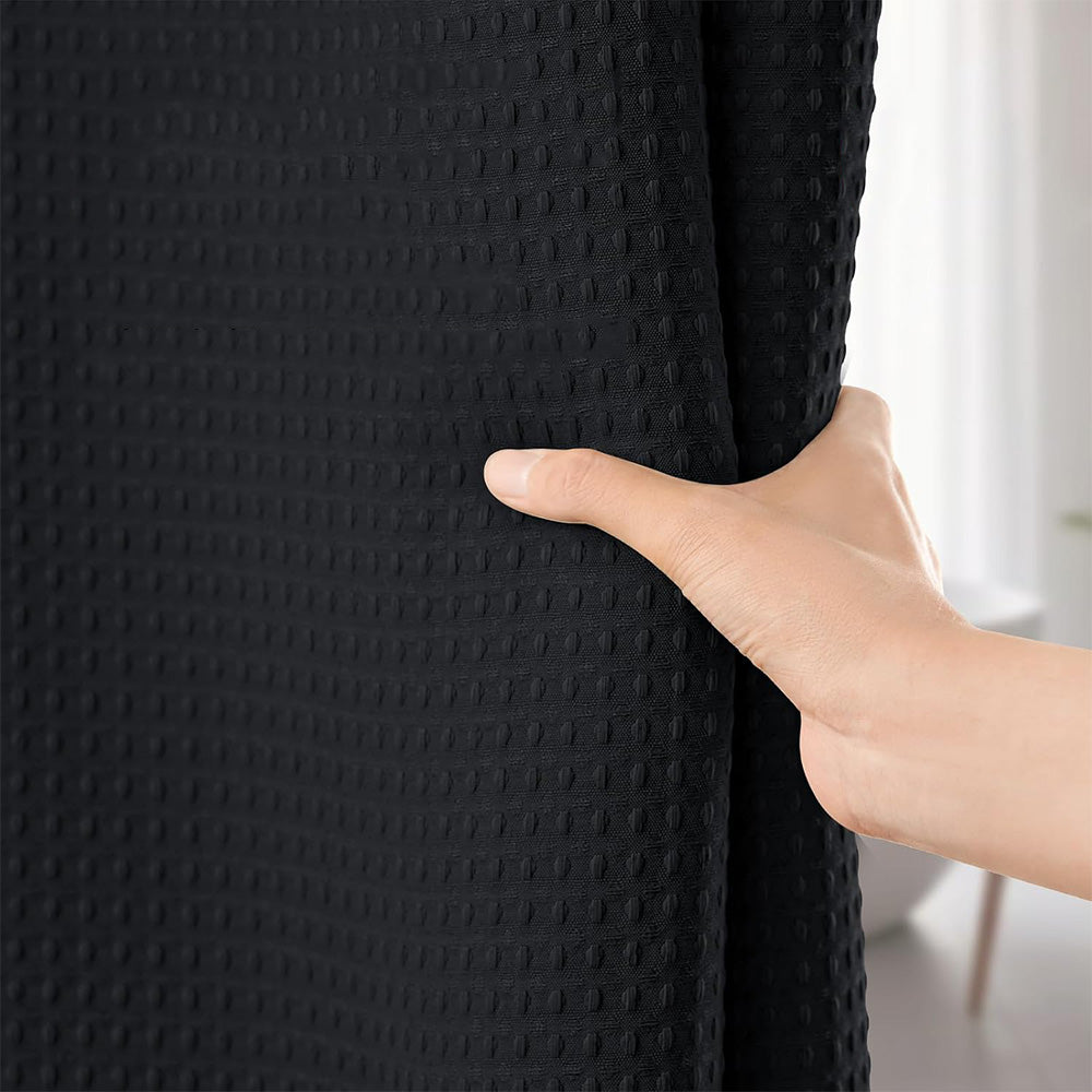 Waffle Weave Water Resistant Shower Curtain with 12 Rustproof Rings-Black