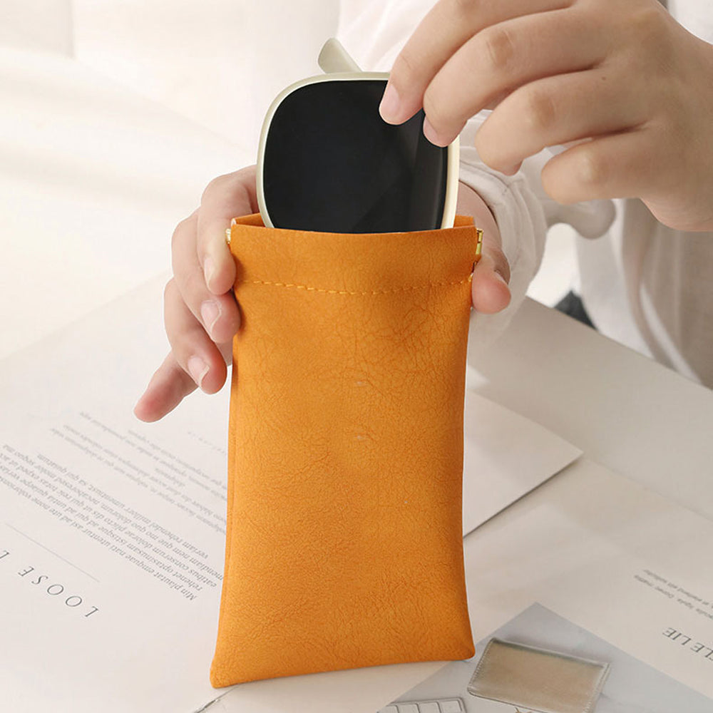2Pcs Squeeze Portable Leather Glasses Storage Bags-Orange and Blue