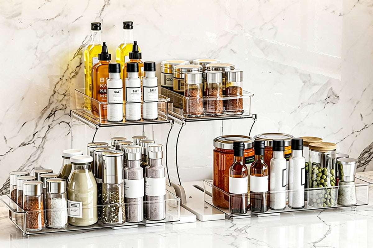 2-Tier Rotatable Pull-Out Storage Rack Kitchen Spice Organizer