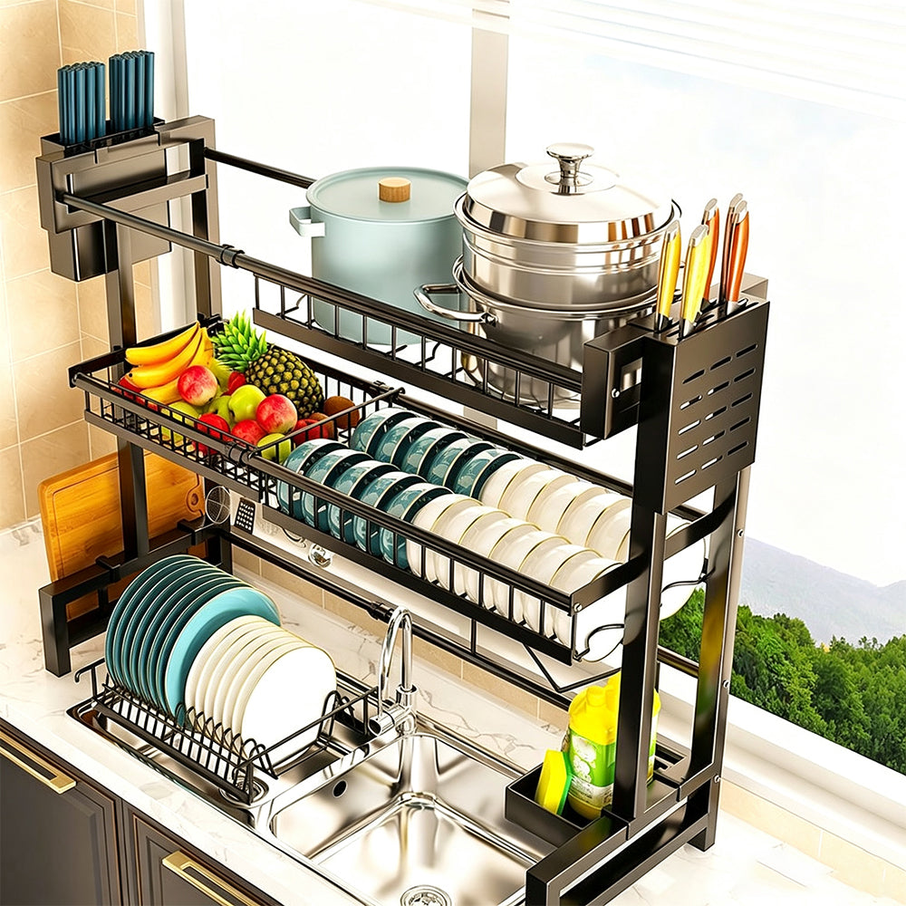 Over The Sink Dish Drying Rack Adjustable Large Capacity Stainless Steel Drainer with Cutlery Utensil Holders