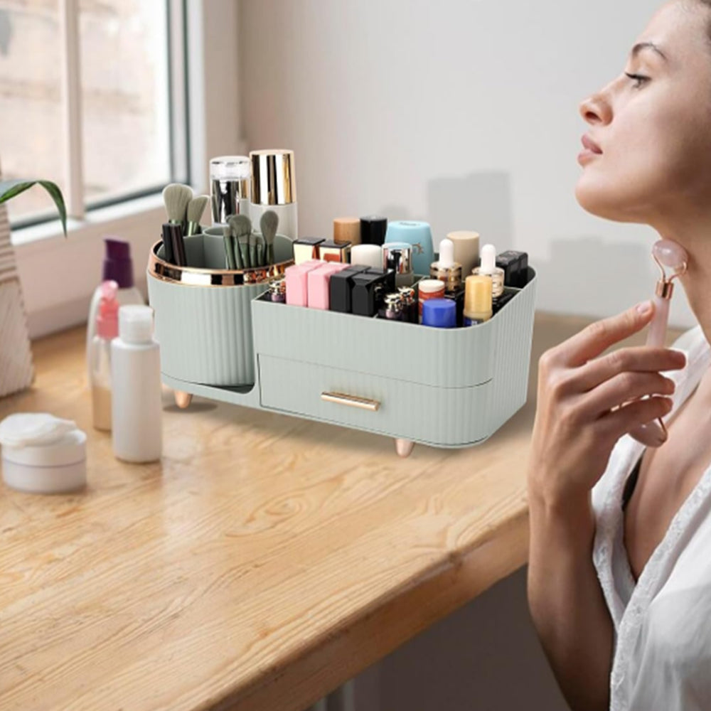 360 Degree Rotating Makeup Organizer for Brush Holder and Drawers