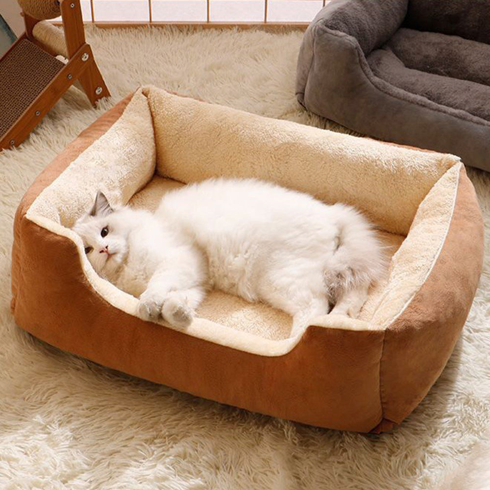 Rectangle Plush Pet Bed Dog Sofa Cozy Puppy Cat Bed-Coffee