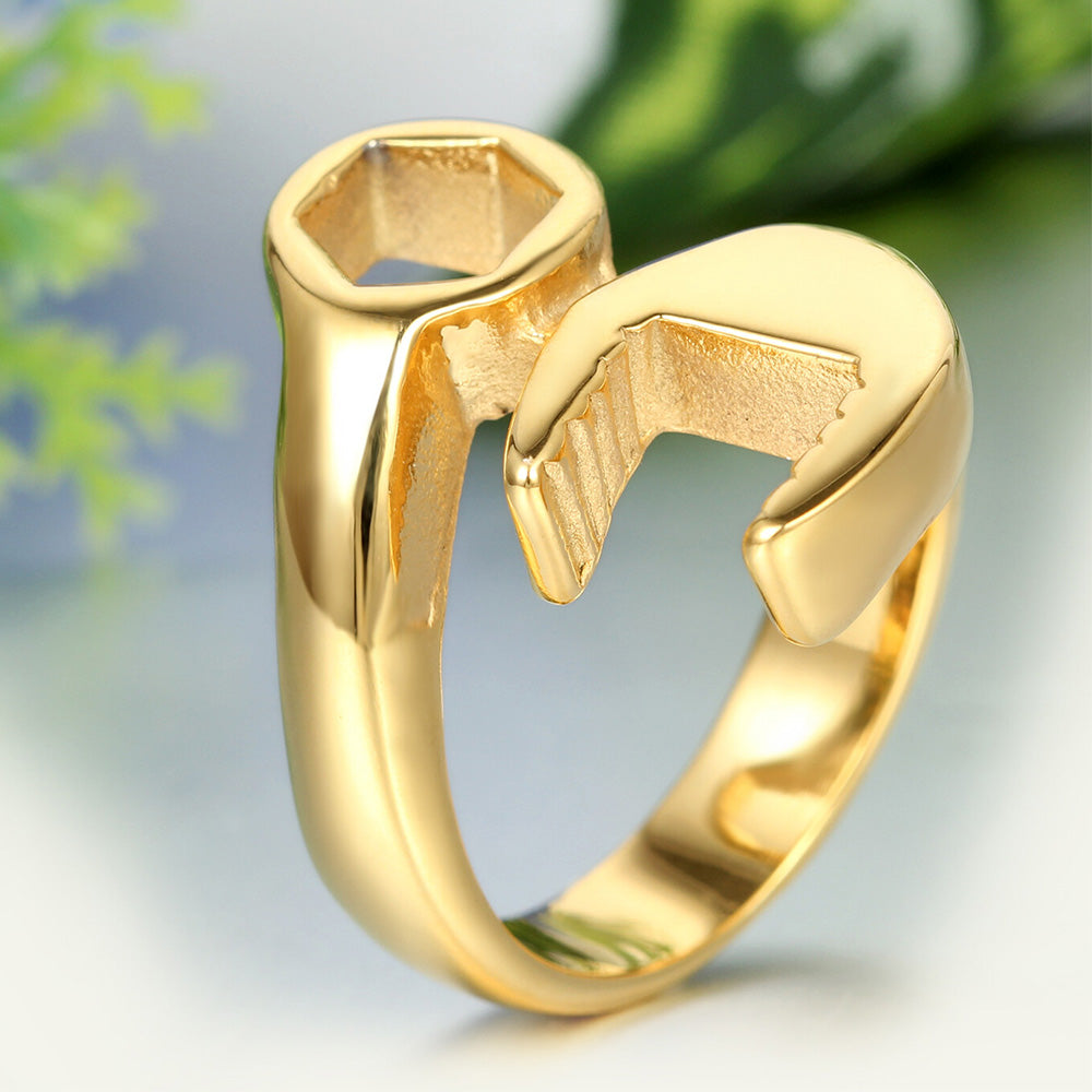 Stainless Steel Wrench Shaped Industrial Punk Ring for Men and Women-Gold