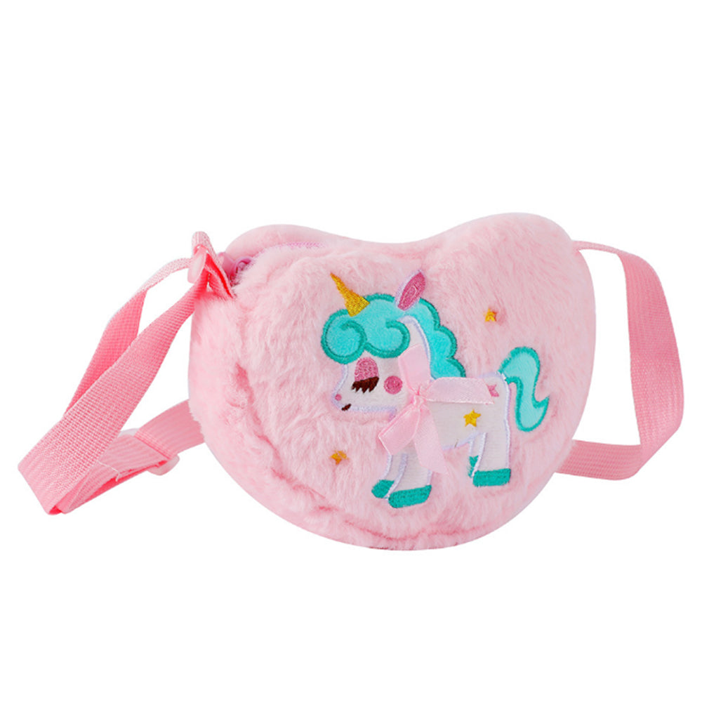 2Pcs Girls Cute Plush Heart Unicorn Embroidery Zipper Crossbody Bag