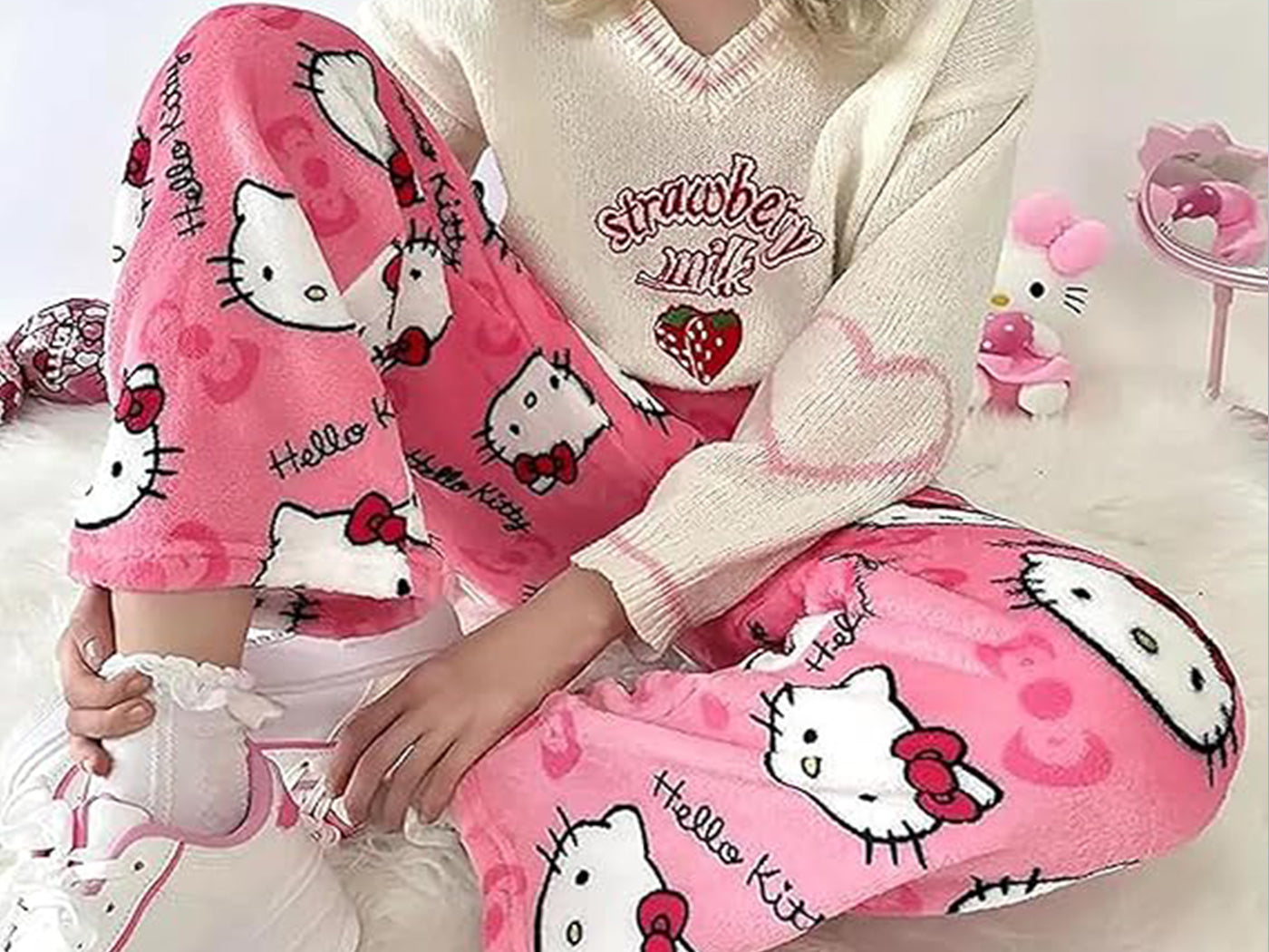 Women's Hello Kitty Inspired Flannel Cartoon Print Pajama Pants