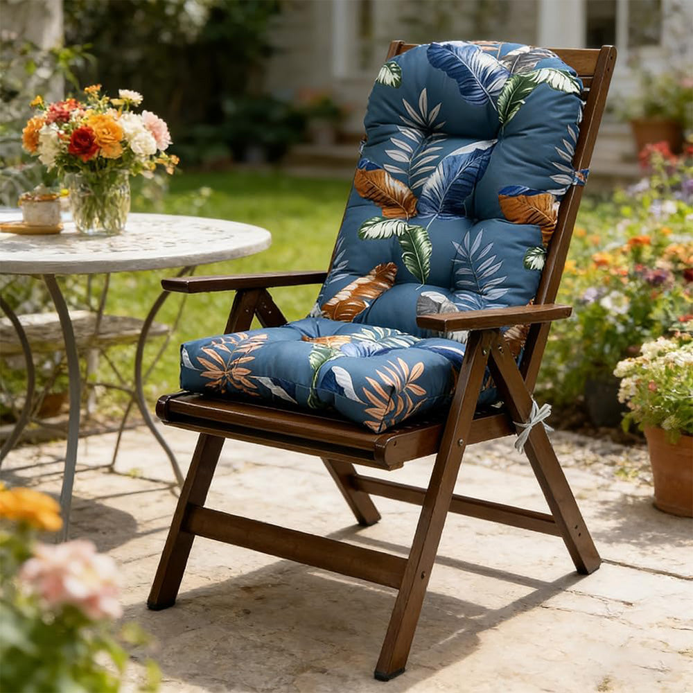 High Back Rocking Chair Cushion Water Resistant Outdoor Seat Pad with Ties-Blue