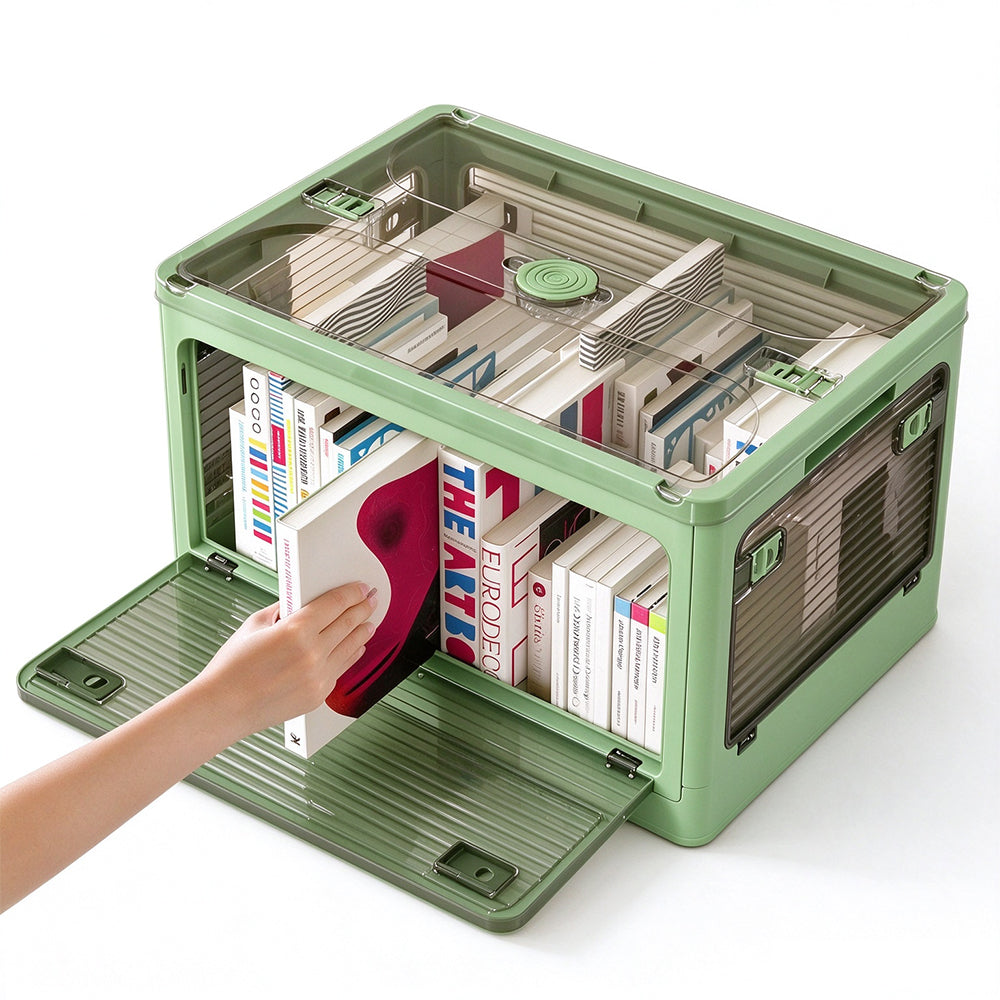 5 Door Transparent PP Foldable Storage Box with Wheels and Top Lid-Green