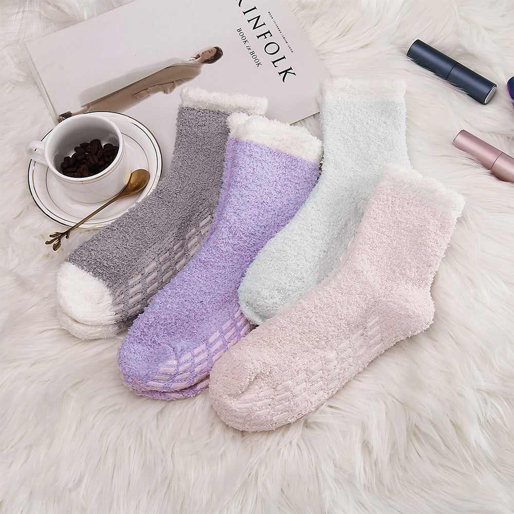 4Pcs Non-Slip Grip Socks for Women Fluffy Slipper Socks