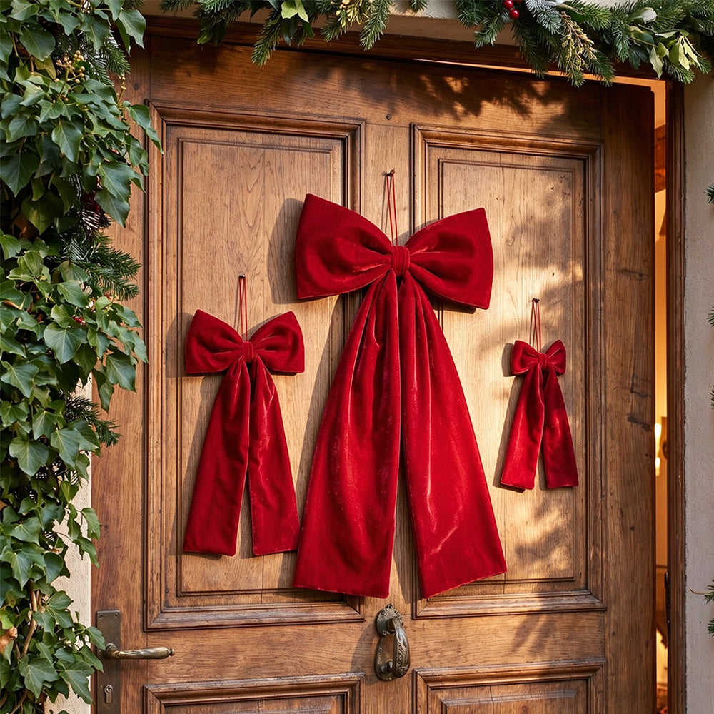 Vintage Burgundy Velvet Christmas Bow with Hanging Cord for Tree Decor