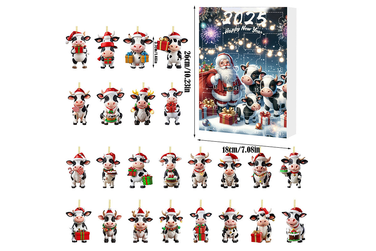 2025 Christmas Cow Advent Calendar Blind Box 24 Days Ornaments Set for Tree