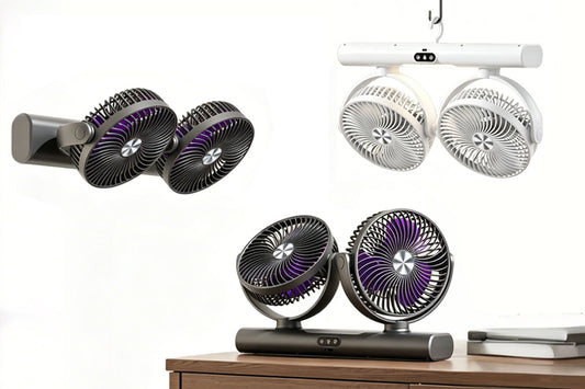 Dual Heads Rechargeable Hanging Fan 3 Speeds Fan with Night Light
