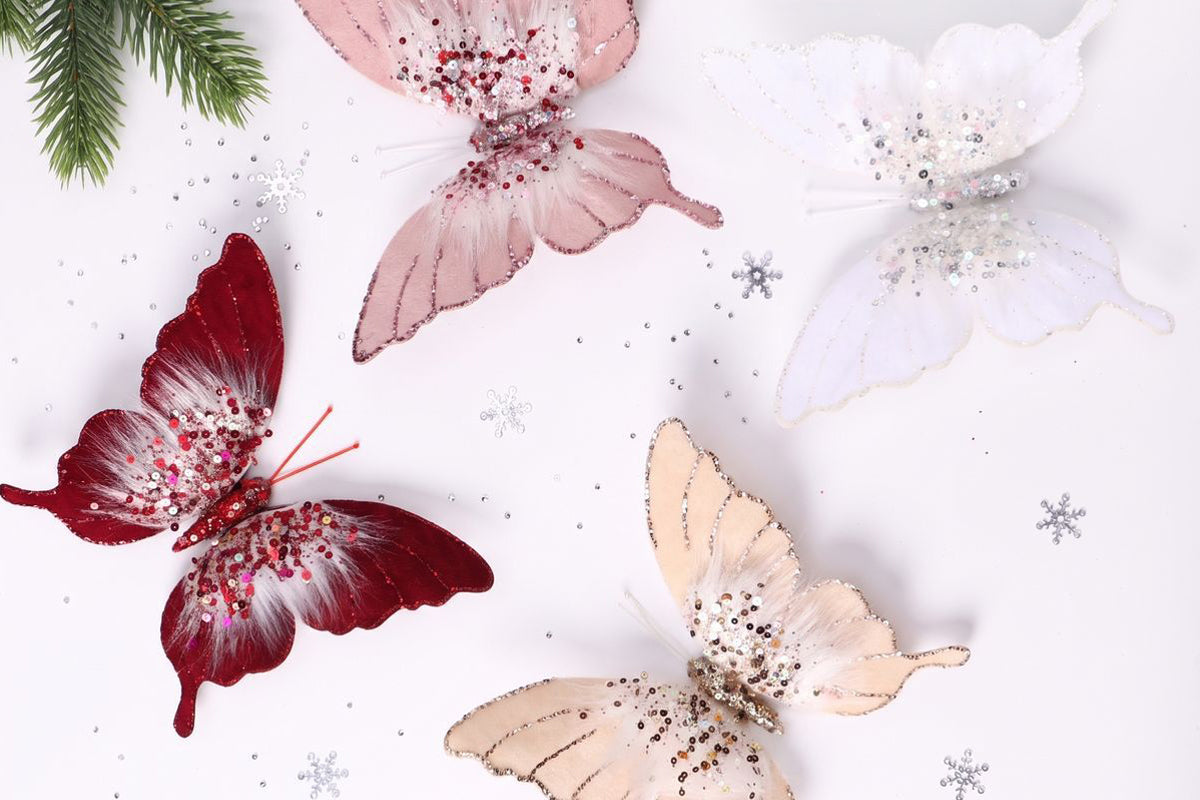 8pcs 3D Fabric Butterfly Clip Ornaments Sequins Glitter Trim Butterfly Clips Decor for Christmas Tree