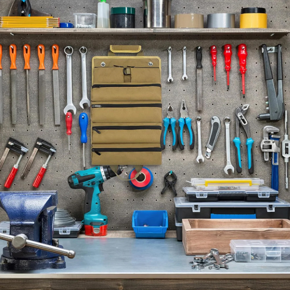 Roll-Up Hardware Tool Storage Bag with Detachable Zipper Pouch