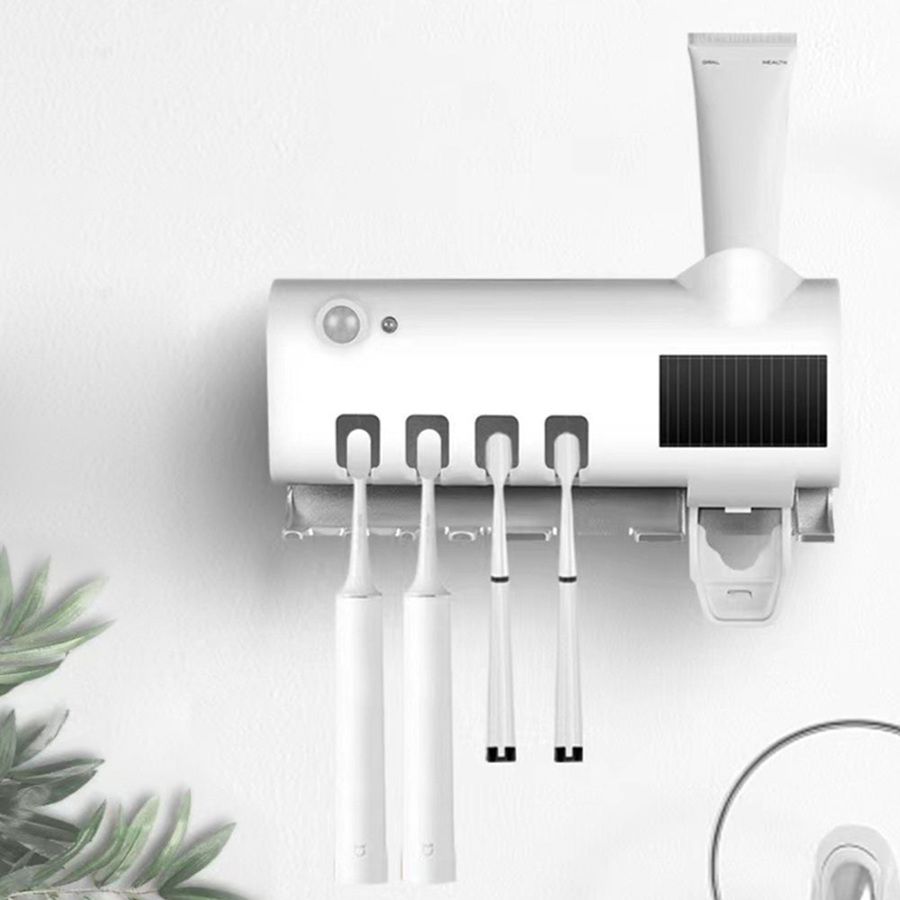 Toothbrush Holder UV Light Sterilizer Solar Powered USB Automatic Toothpaste Dispenser with 4 Toothbrush Slots