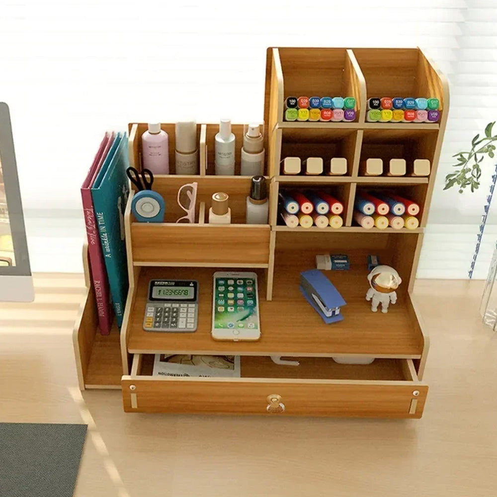 Wooden Desk Organizer with Drawers Art Supplies Storage Desktop Stationary