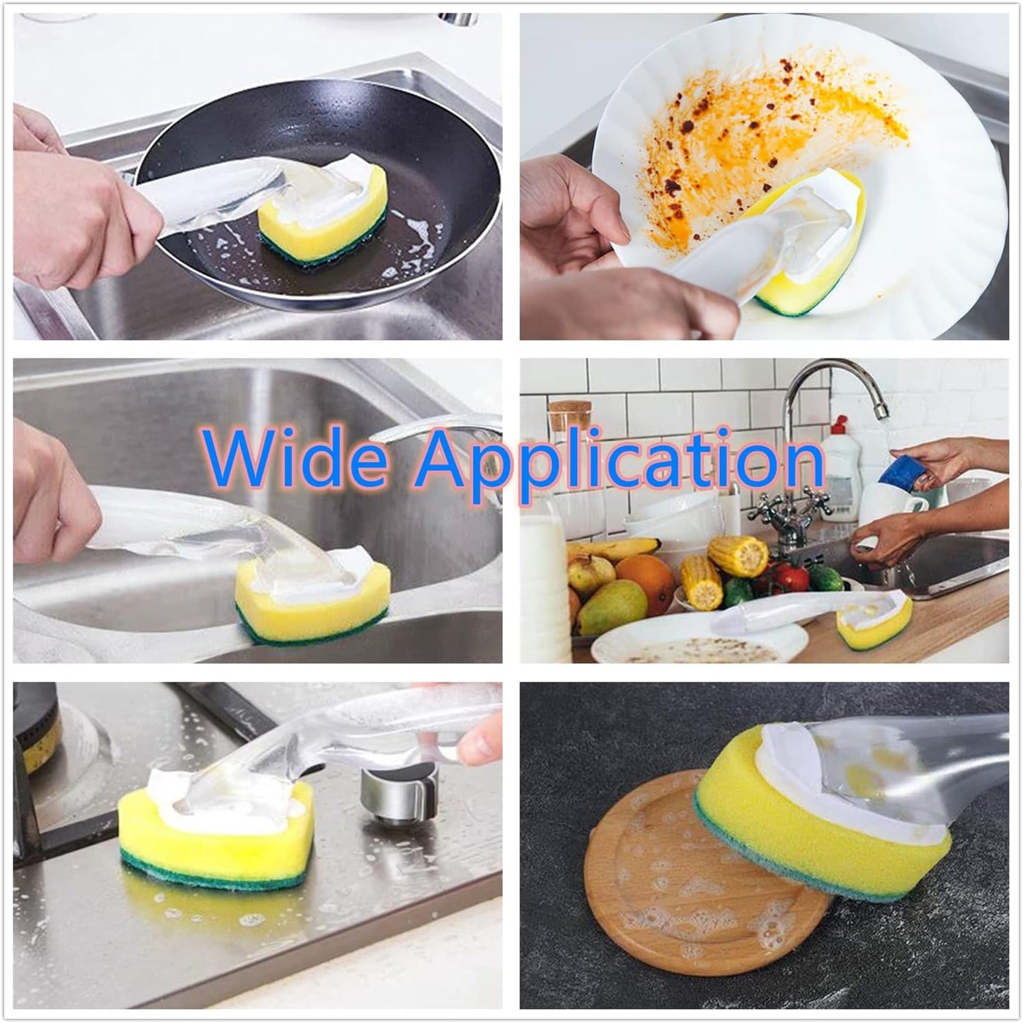 5Pcs Kitchen Soap Dispenser Sponge Brush with Handle Set-1 Handle+5 Sponge