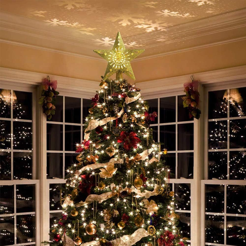 Glittery Gold Star Christmas Tree Topper with 6 Projection Effects