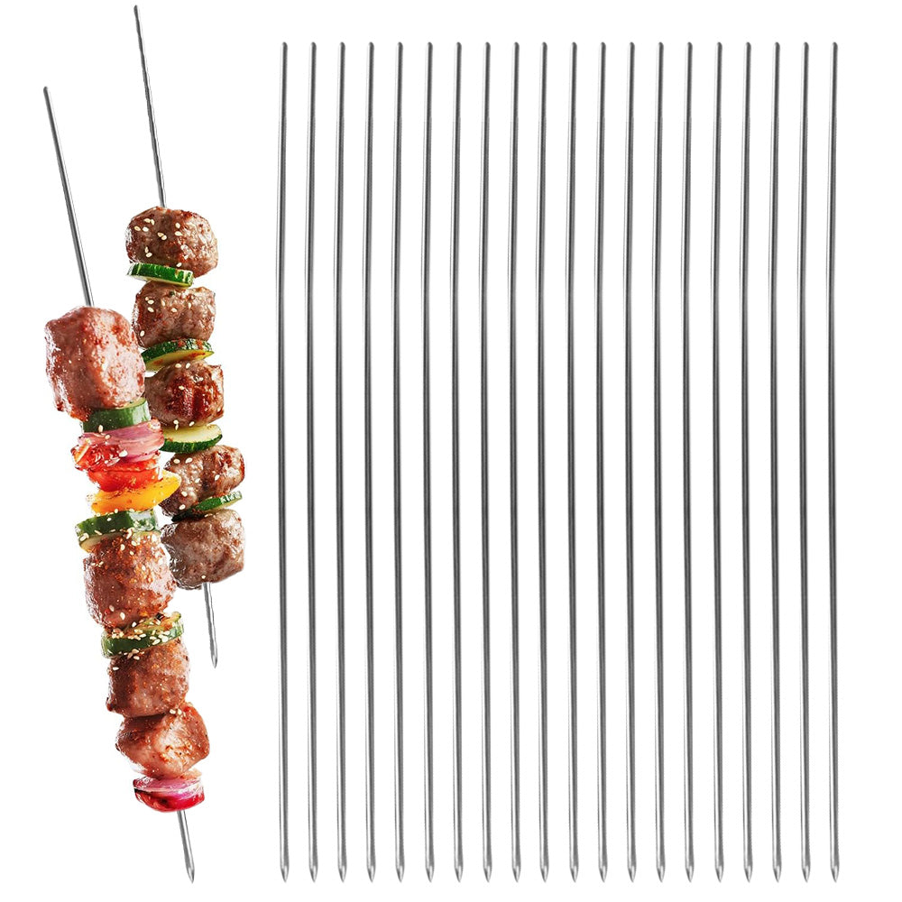 20 Pack 304 Stainless Steel BBQ Skewers Flat or Round Easy Clean