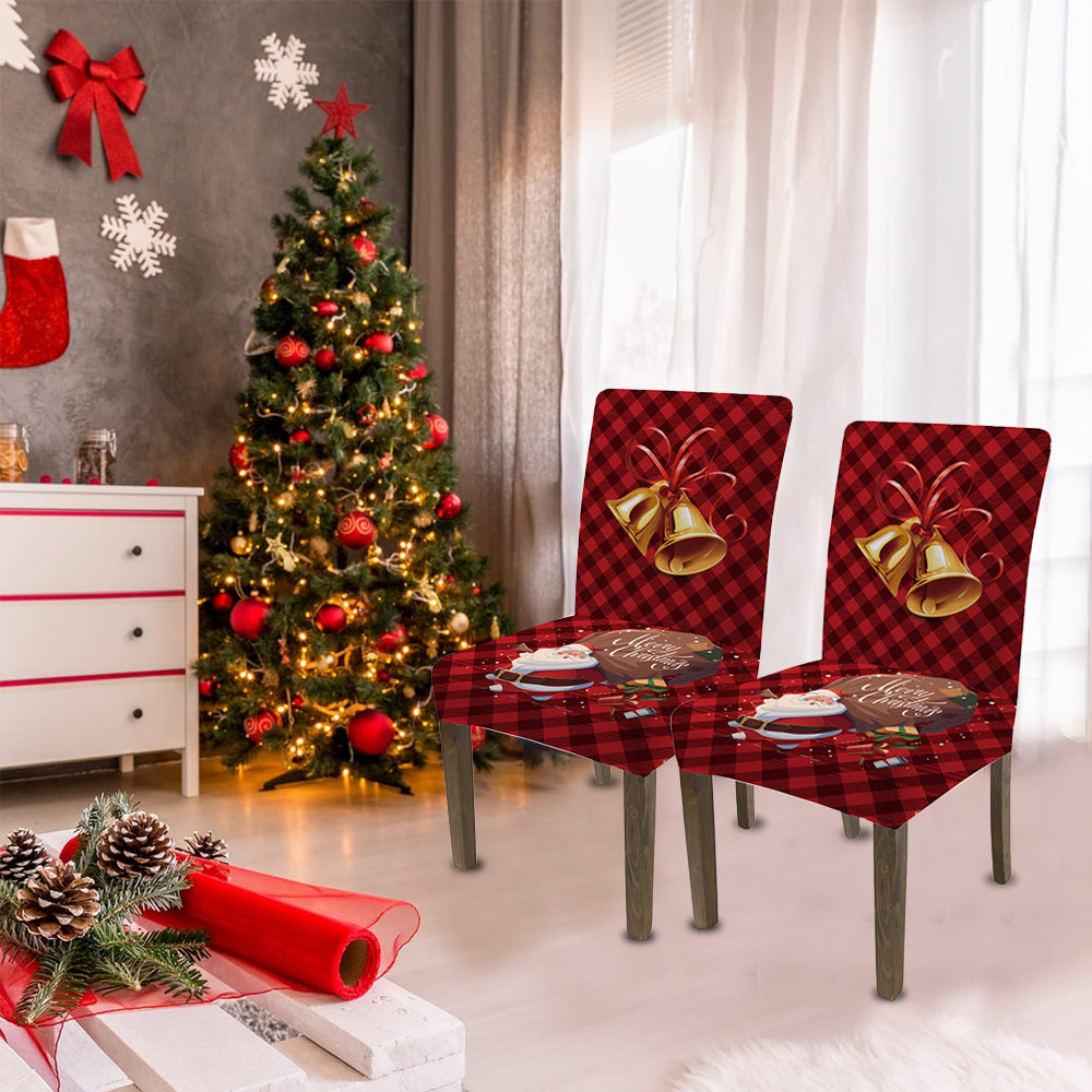 2Pcs One-piece Christmas Stretch Dining Room Chair Protector Cover-Bell