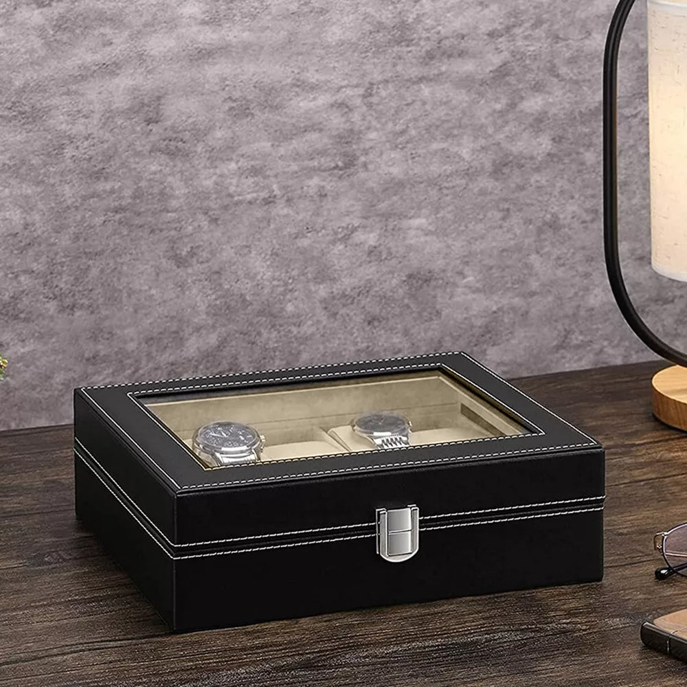6/10/12 Grids PU Leather Watch Box Organizer Display Case with Lock