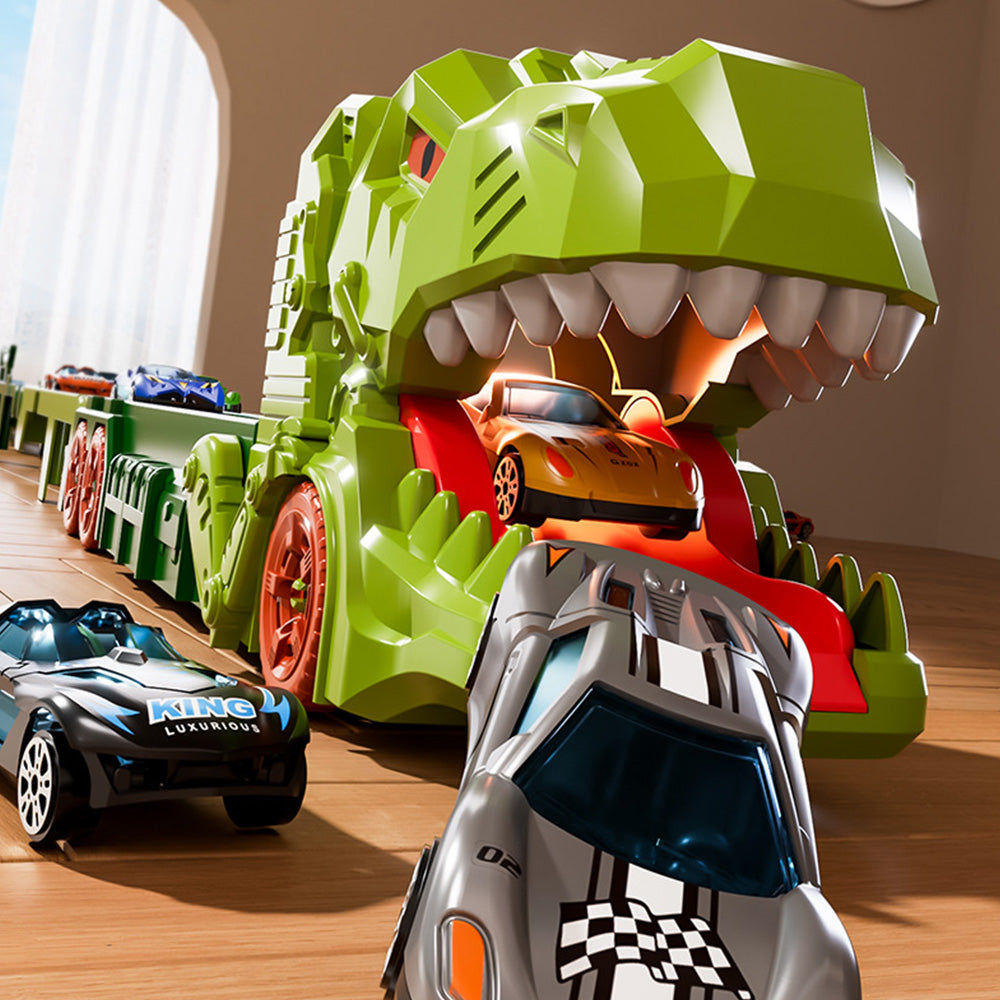 Foldable Dinosaur Truck with Dual Tracks and 6 Small Cars for Home Outdoors