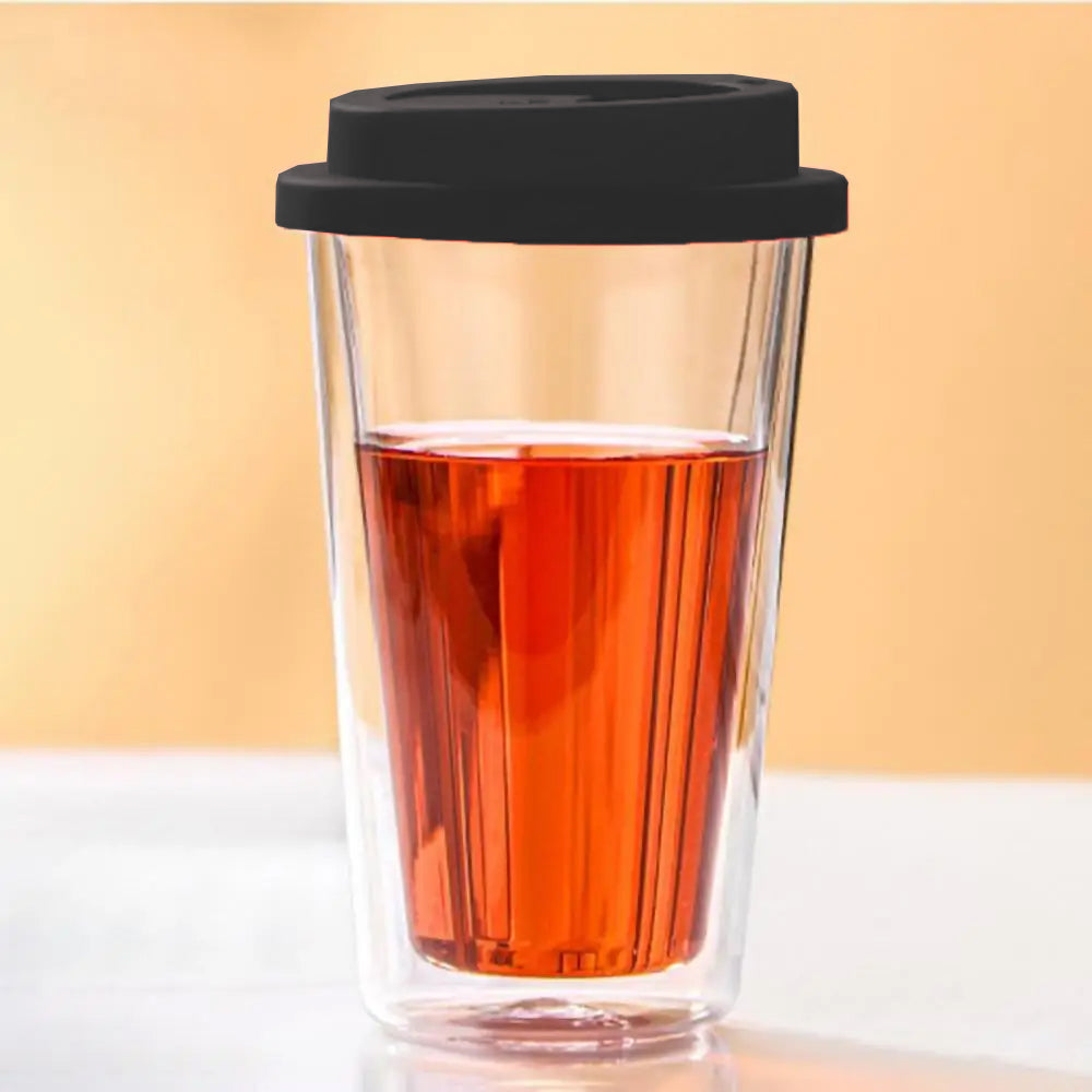 Double Walled Glass Coffee Mug Drinking Coffee Cup with Silicone Lid