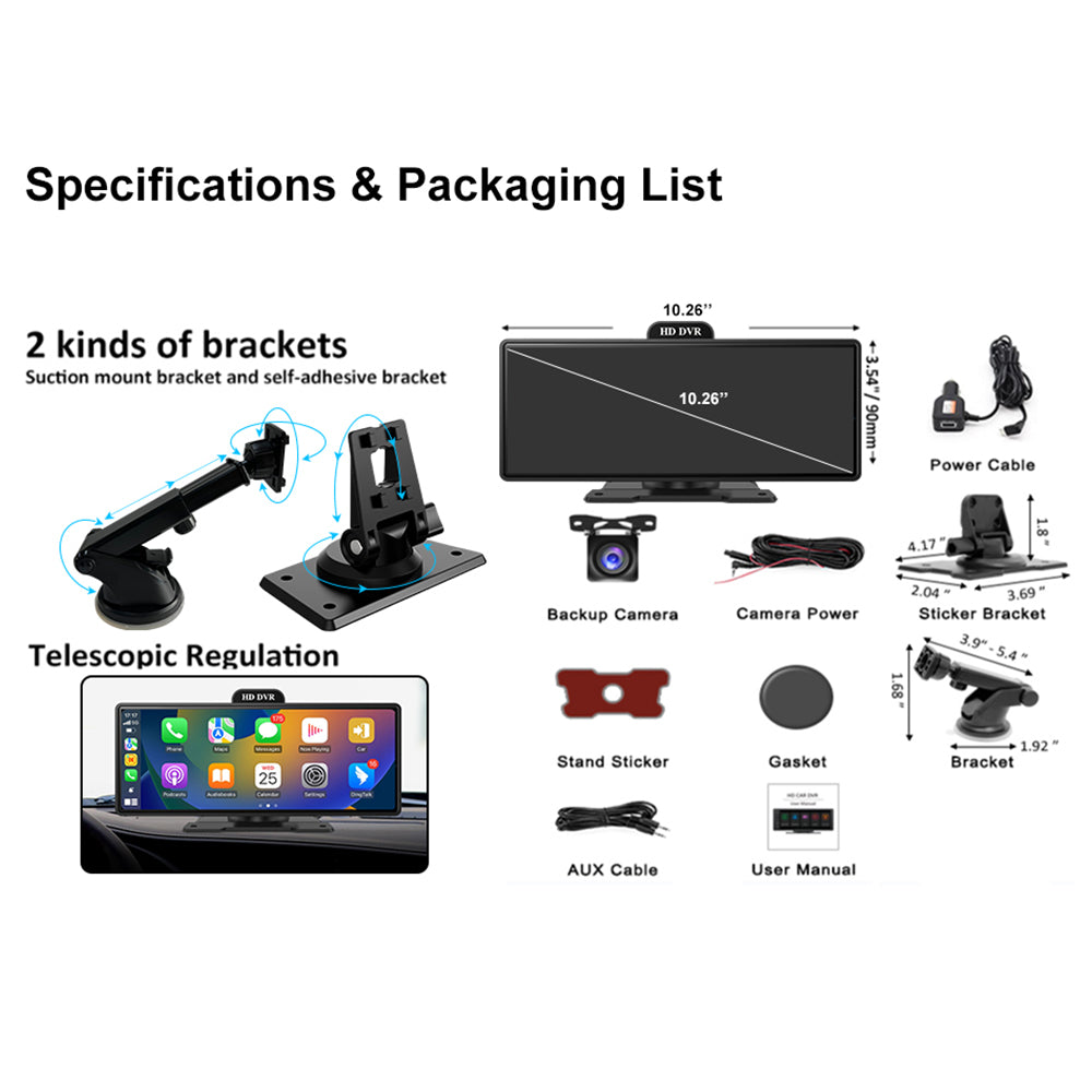 10.26 Inch 4K Portable Wireless Carplay Dual Car Recorder