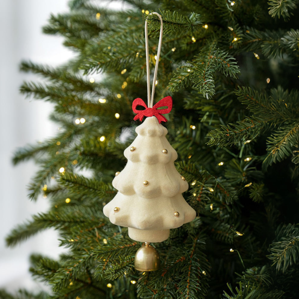 3PCS Flocked Christmas Tree Hanging Ornaments with Bell Pendants