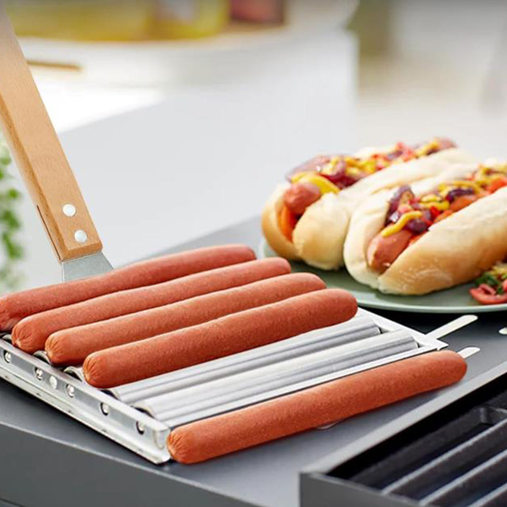 Stainless Steel Hot Dog Grill with Wooden Handle and 4 BBQ Skewers