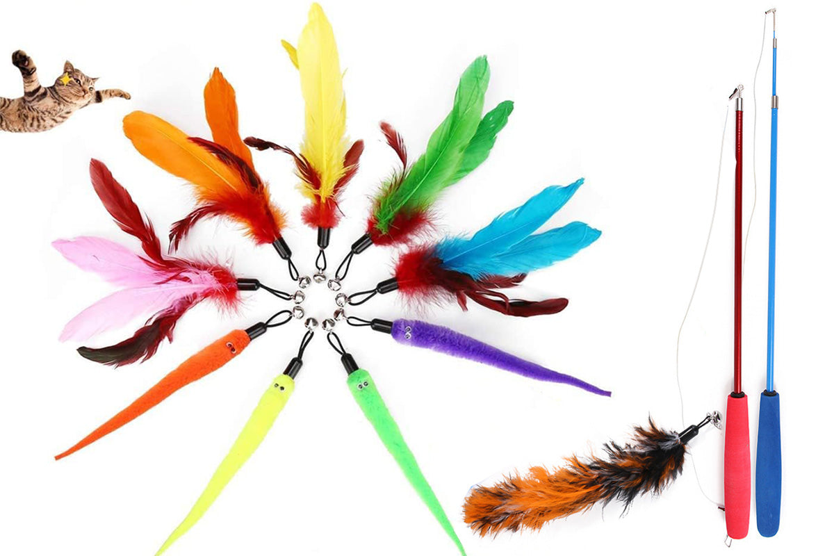 Interactive Cat Toy Set Telescopic Cat Wand with Feather Replacement Pack for Indoor Cat Play