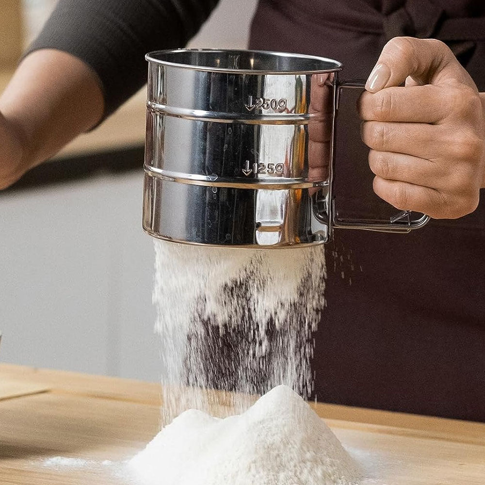 Stainless Steel Flour Sifter One Hand Press Crank Sifter for Powdered Sugar Shaker Duster