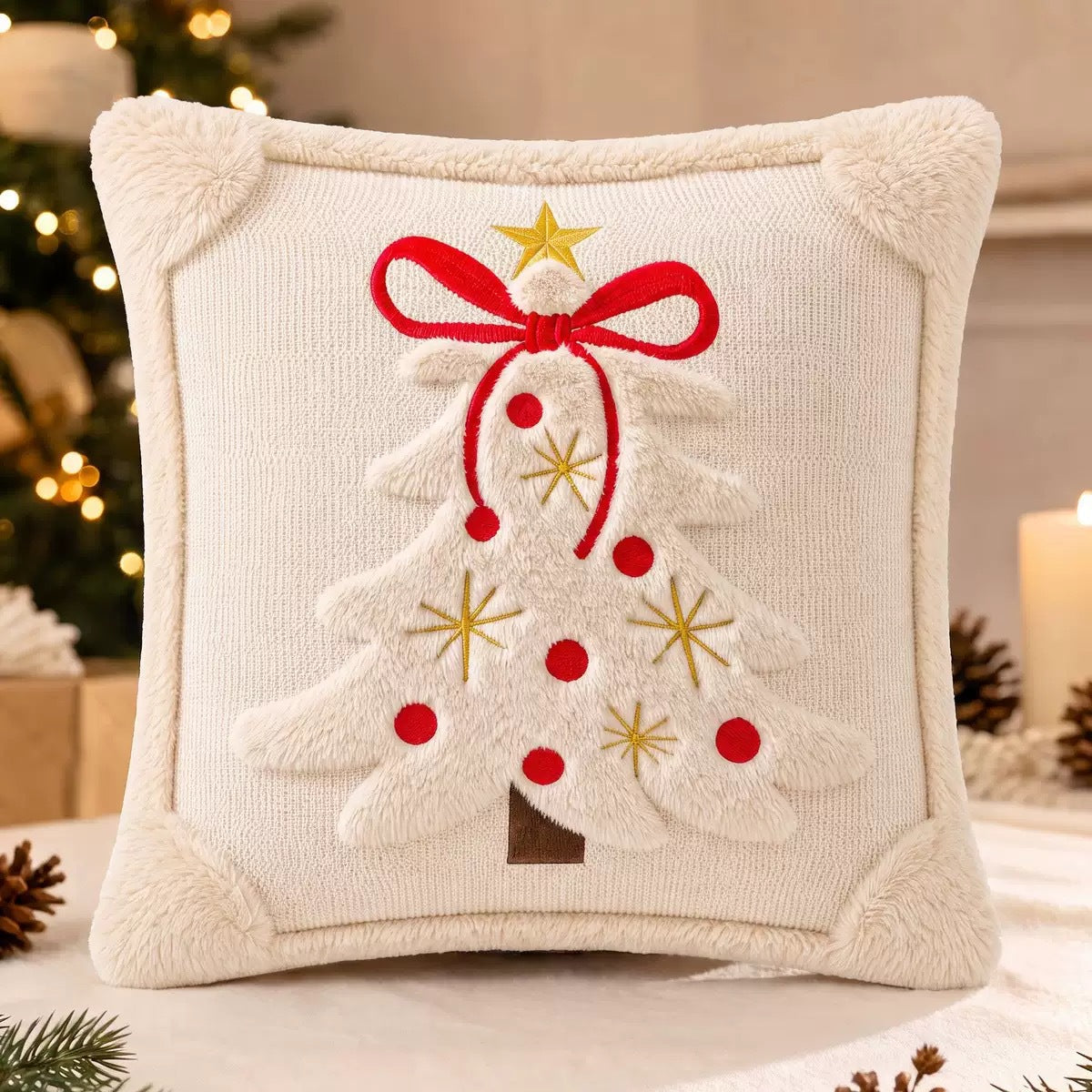 Plush Embroidered Christmas Decorative Throw Pillow Case 45cm Xmas Cushion Cover