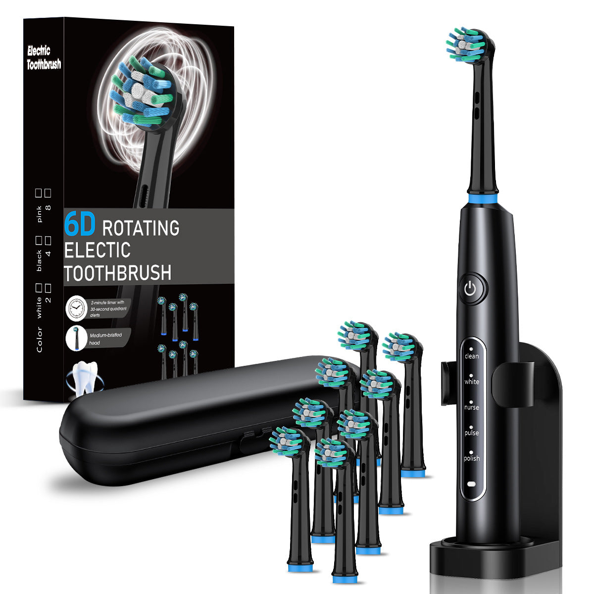 Rotating Electric Toothbrush 5 Modes with 8 Heads Travel Case and Stand