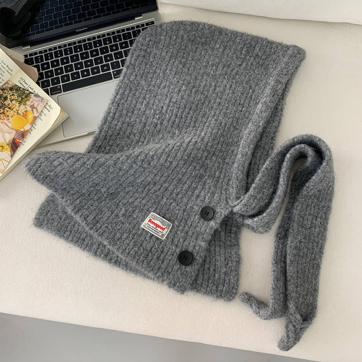 Hooded Knit Scarf Cape Knitted Balaclava Neck Warmer with Buttons Knitted Neck Warmer Wrap