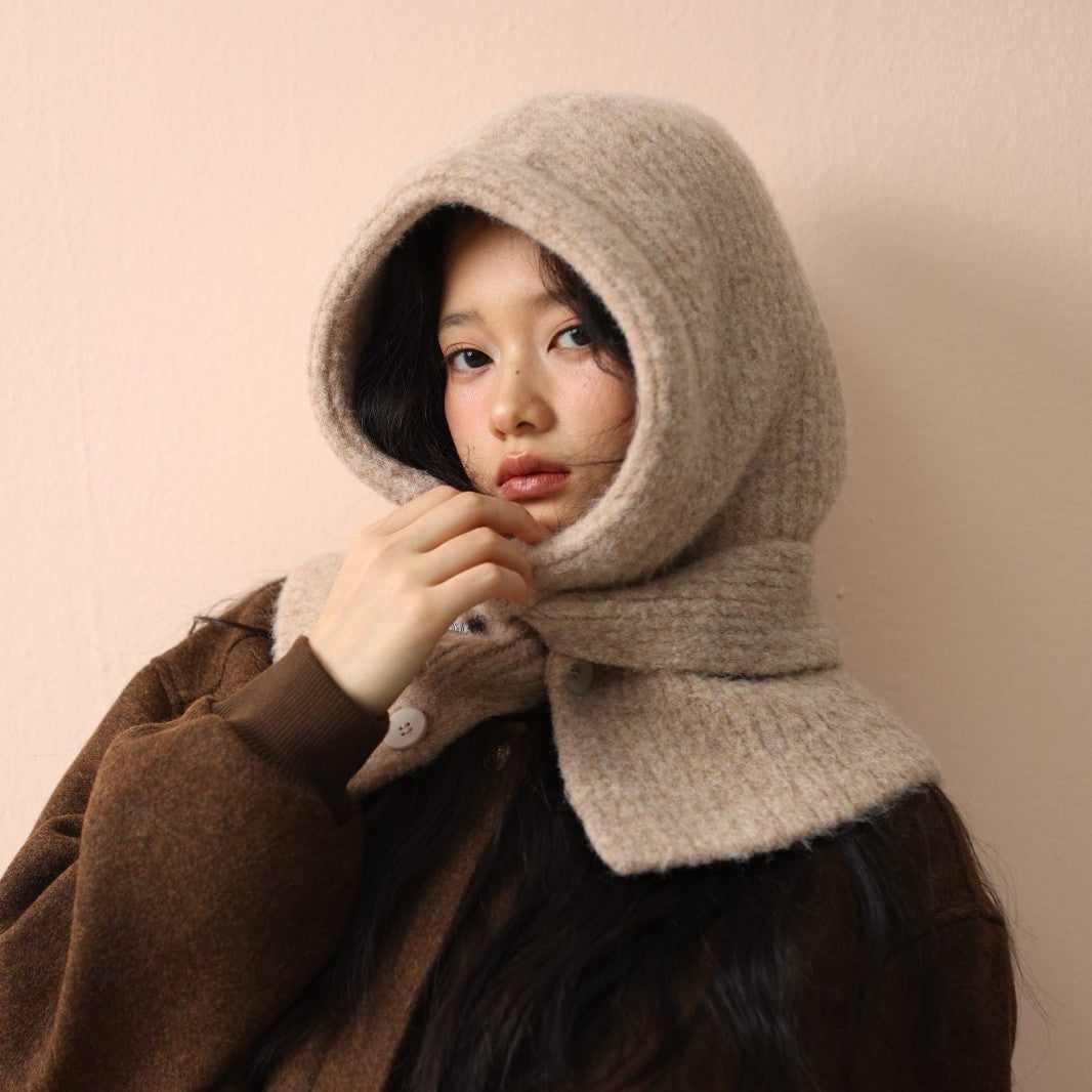 Hooded Knit Scarf Cape Knitted Balaclava Neck Warmer with Buttons Knitted Neck Warmer Wrap