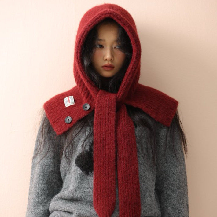 Hooded Knit Scarf Cape Knitted Balaclava Neck Warmer with Buttons Knitted Neck Warmer Wrap