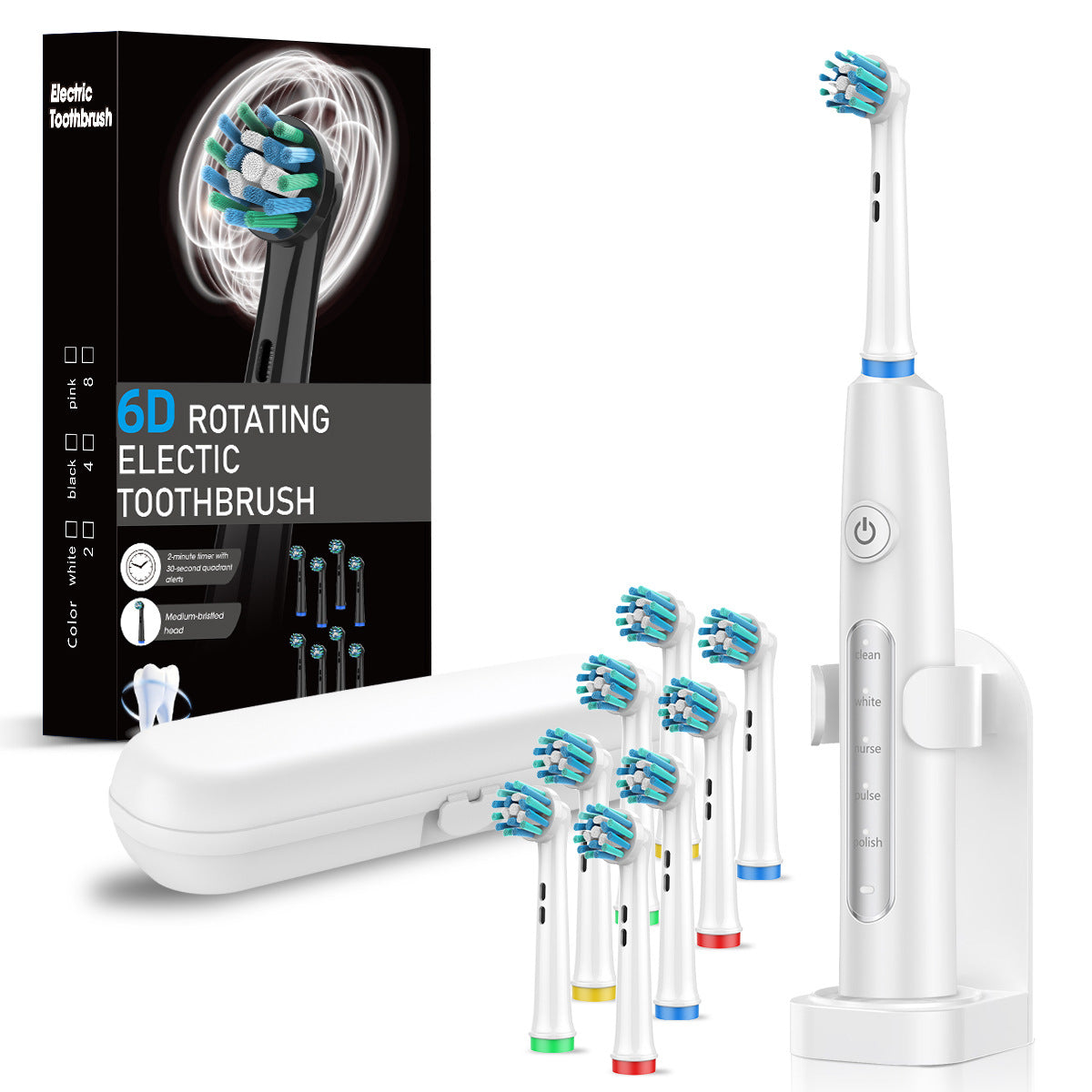 Rotating Electric Toothbrush 5 Modes with 8 Heads Travel Case and Stand