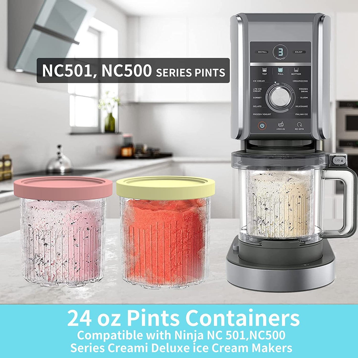 4Pcs Ice Cream Pints Containers And Lids, Compatible With Ninja NC500, NC501 Series