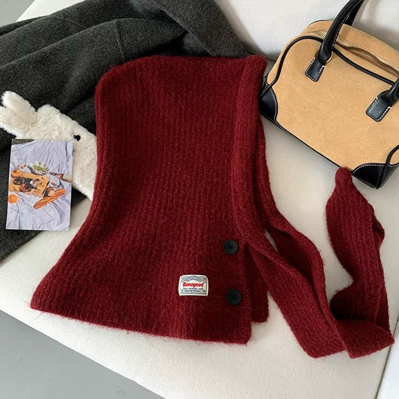 Hooded Knit Scarf Cape Knitted Balaclava Neck Warmer with Buttons Knitted Neck Warmer Wrap