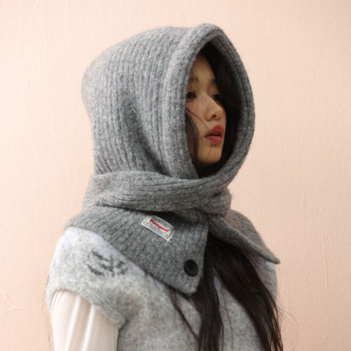Hooded Knit Scarf Cape Knitted Balaclava Neck Warmer with Buttons Knitted Neck Warmer Wrap