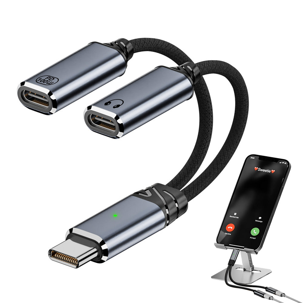 2-in-1 Audio Charger Splitter Type-C Male to USB Female with Type-C Female Charging 100W